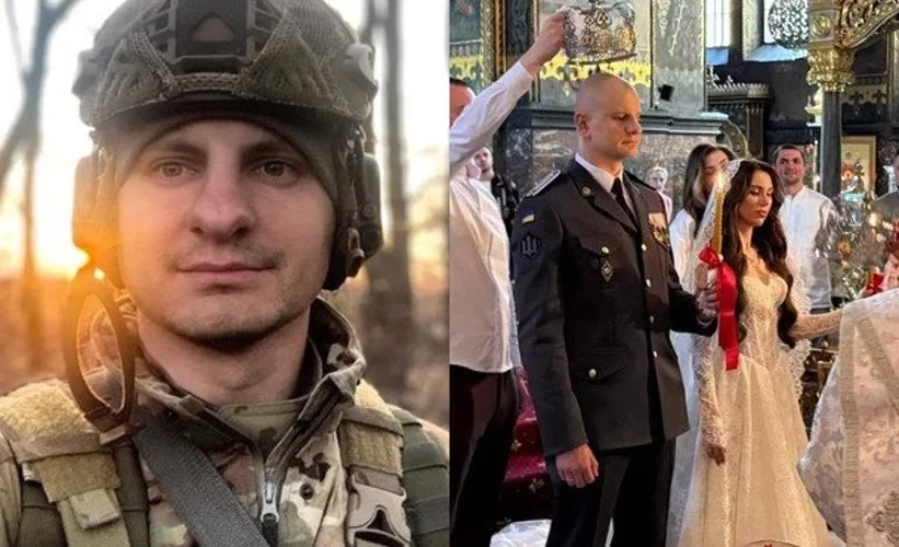Євген Карась у військовій формі та Катерина Шведенко у білій мереживній сукні з фатою під час вінчання